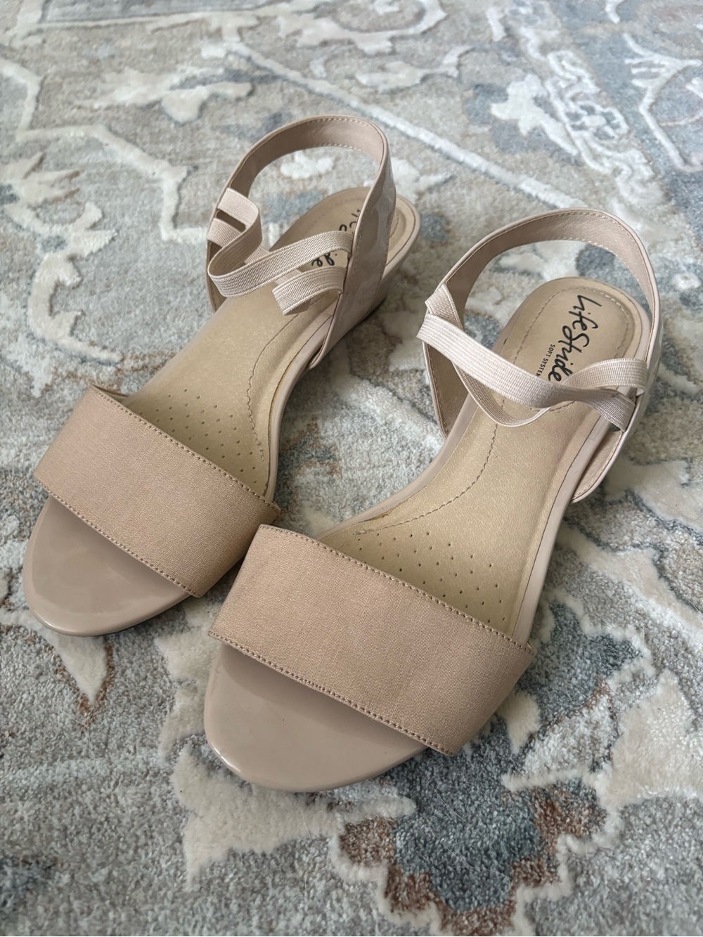 Life Stride Beige Elastic Strap Wide Wedge Sandals